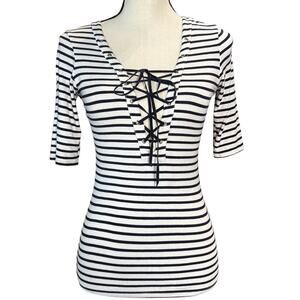 VTG 90’s Y2K Eight Sixty Top Nautical Lace Up Navy White Stripe Baby Tee Fit S